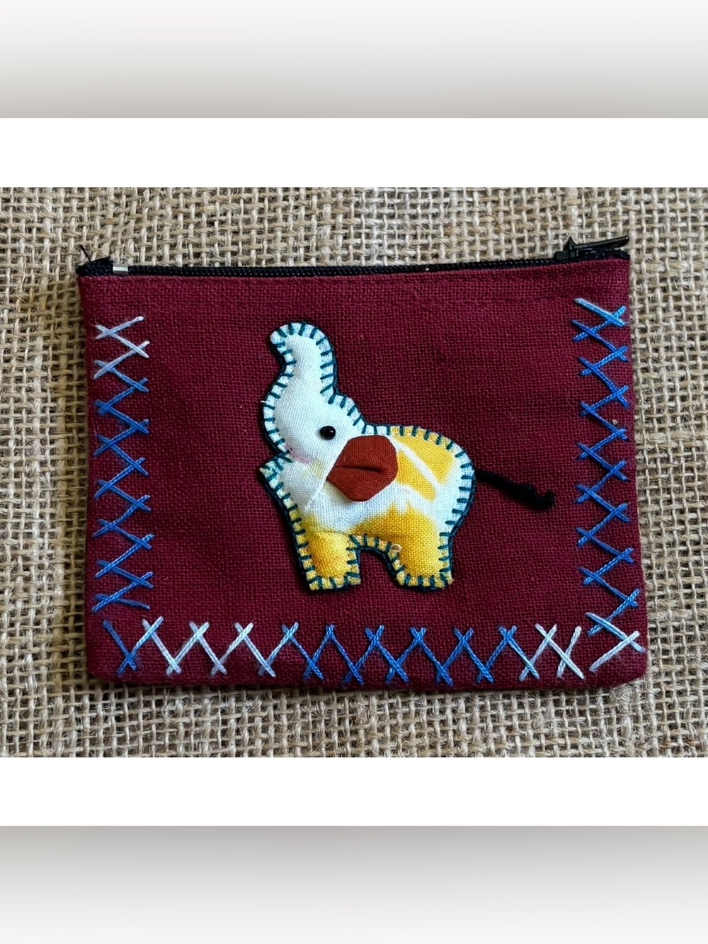 Handmade Elephant Burgundy Change Purse Zippered Pouch Boho Indie Twee